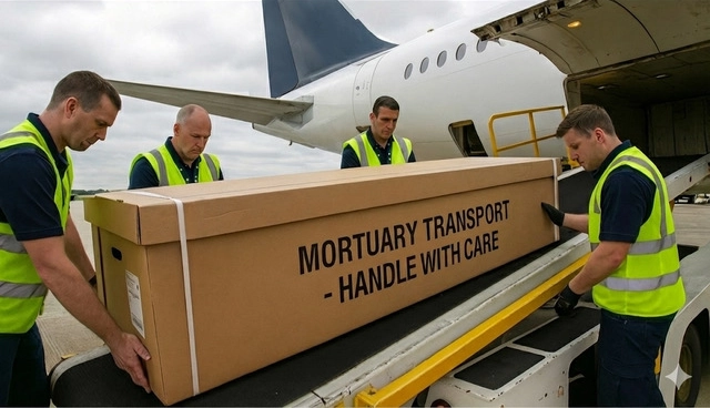 A coffin being loaded onto an airplane